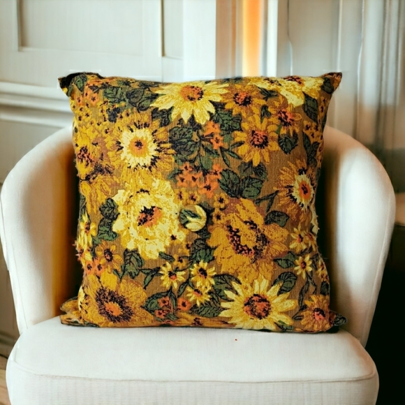 Vintage Other - Midcentury Modern Barkcloth Pillow Orange Yellow Floral Summer Cottagecore